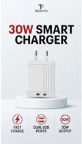 TECH PRO 30W Smart Charger with Dual USB Ports & Fast Charging