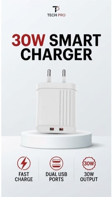TECH PRO 30W Smart Charger with Dual USB Ports & Fast Charging