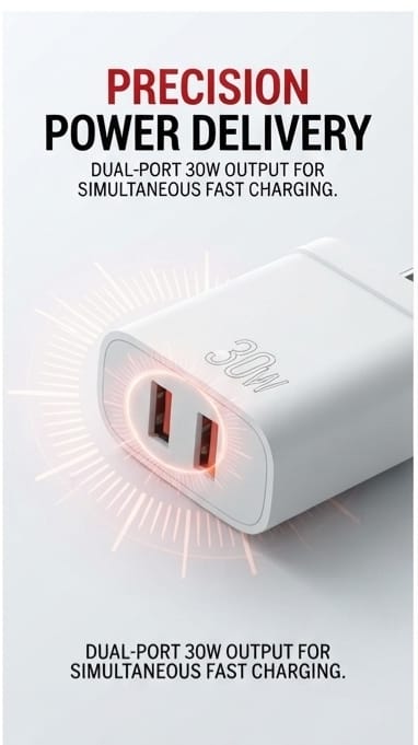 TECH PRO 30W Smart Charger with Dual USB Ports & Fast Charging