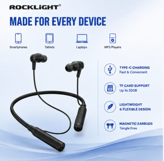 ROCKLIGHT® Wireless Bluetooth Neckband Earphones with Super Bass, ENC & Type-C Charging