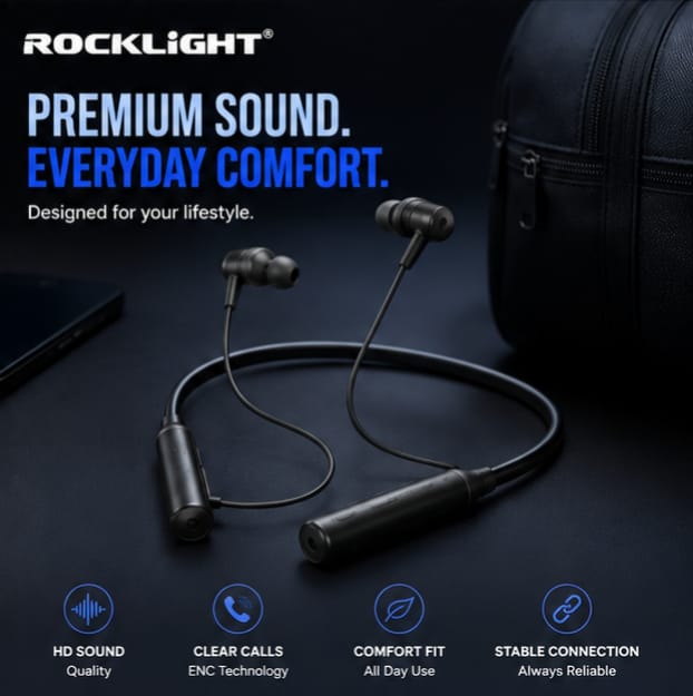 ROCKLIGHT® Wireless Bluetooth Neckband Earphones with Super Bass, ENC & Type-C Charging