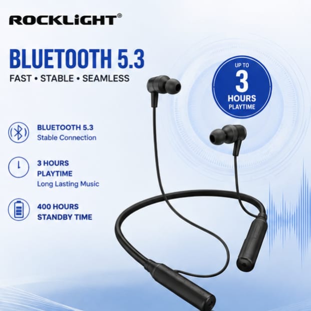 ROCKLIGHT® Wireless Bluetooth Neckband Earphones with Super Bass, ENC & Type-C Charging